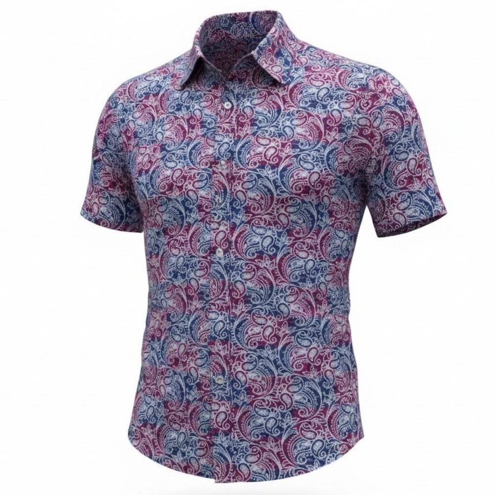 Cremieux Button Down Shirt Mens L Navy Red Paisley Short Sleeve 100% Cotton